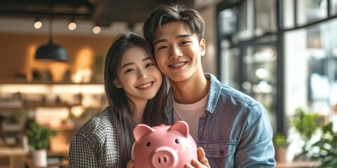 Happy asian family young couple love hand holding piggy bank to save and model house for saving money wealth to buy real estate for new home. Financial planning, business. Housing, Generative AI