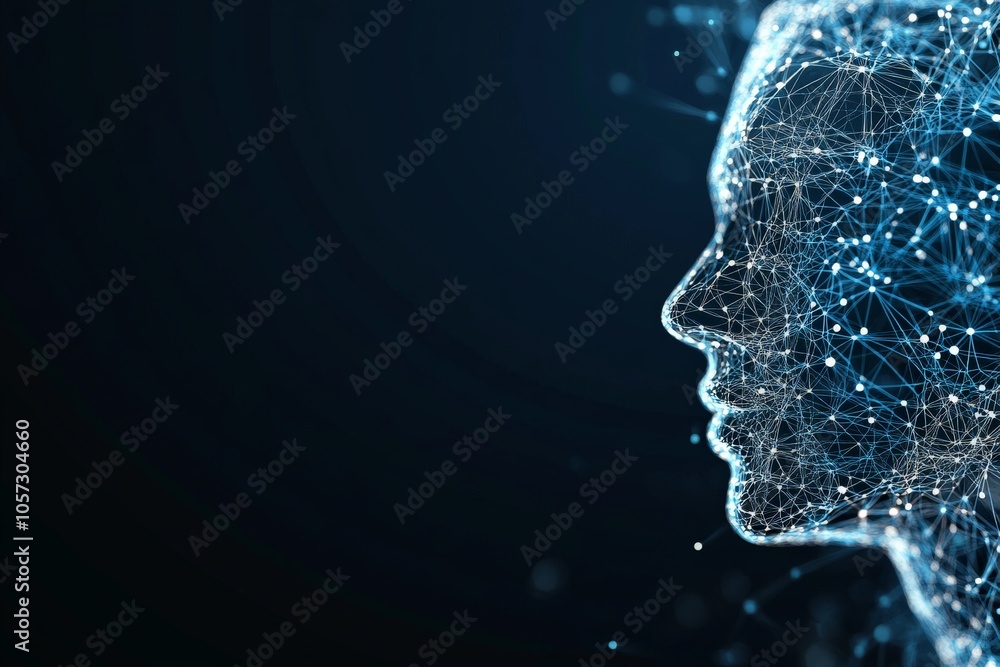 Poster a side profile digital silhouette composed of interconnected lines and dots representing neural netw