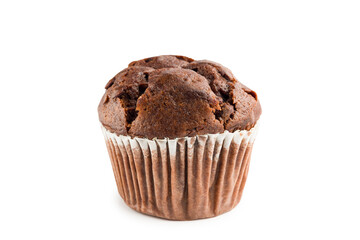 Chocolate chip muffin isolated on white background.