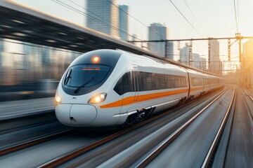 Fototapeta premium A high-speed train glides along a track with buildings in the background, capturing the essence of fast-paced urban life and modern connectivity, set against a sunset.