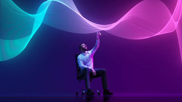 Businessman sits, engaging with stream of interactive data in digital environment, symbolizing data analysis and artificial intelligence Concept of information, connection, network, business. Ad