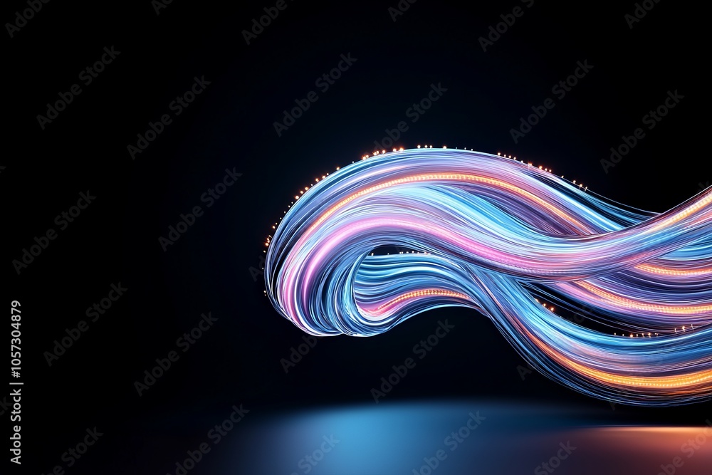 Poster a stream of colorful, intertwined light flows dynamically across a dark background, symbolizing ener