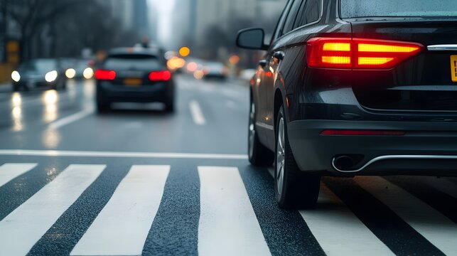 Two vehicles involved in a rear end collision at a busy city intersection at night with blurred motion brake lights and wet pavement conditions indicating a hazardous traffic situation