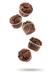 Chocolate chip muffins falling, isolated on white background.