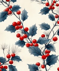 Winter pattern with holly berries. For wallpaper, pattern fills, surface textures, fabric prints.