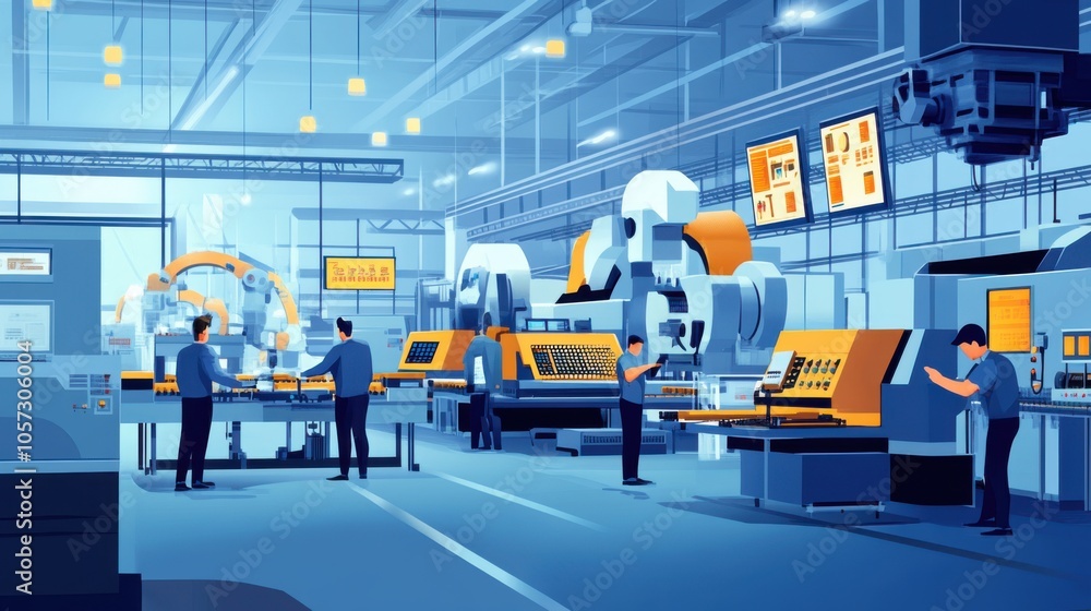 Poster industrial engineers performing a machine setup, with computers guiding the calibratio