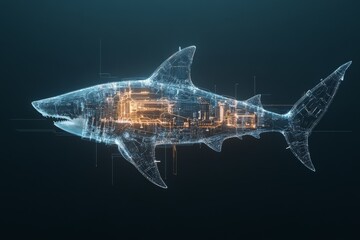 Obraz premium A digital shark illustration with illuminated circuitry and technical details merges nature with innovation, representing a blend of aquatic life and modern technology.