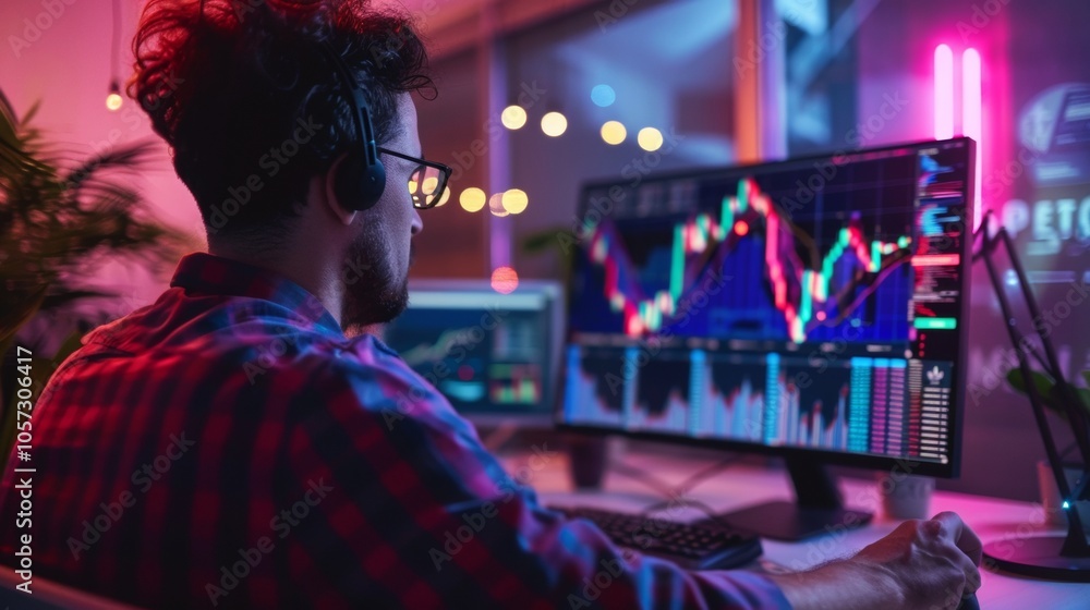 Poster trader analyzing stock charts on computer screens at night