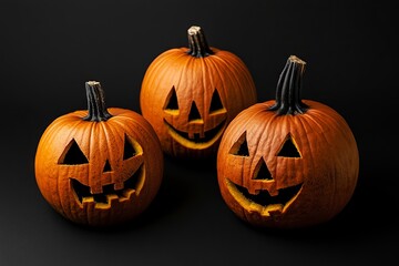 Carved Halloween pumpkins with expressive faces on a black background, AI generated illustration