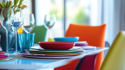 Fototapeta premium Colorful Table Setting with Plates and Glasses