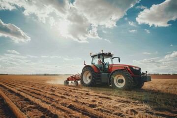 Obraz premium Farmer in tractor preparing land with seedbed cultivator as part of pre seeding activities. Neural network ai generated art