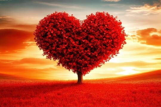 Tree of love in spring. Red heart shaped tree at sunset. Beautiful landscape with flowers.Love background with copy space.Valentine day card with generative ai