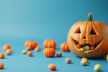 Smiling jack-o'-lantern filled with colorful candies, surrounded by small pumpkins on a blue background, AI generated illustration