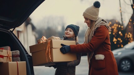 A mother and child loading the car trunk filled with Christmas gifts, preparing for a holiday trip or returning from Christmas and New Year shopping. The festive excitement of holiday preparations