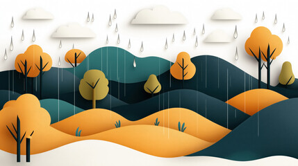 Abstract illustration of a rainy landscape with rolling hills, trees, and clouds in a paper-cut style. The scene features raindrops falling on stylized orange and green vegetation.