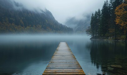 Wooden Dock Extending Into a Foggy Mountain Lake