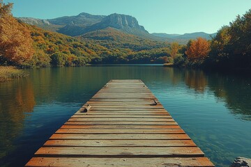 Fototapeta premium Wooden Dock Leading to a Tranquil Mountain Lake