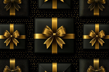 Luxury black gifts with golden ribbon. Black background - Black Friday concept.