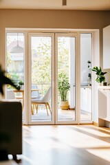 bright modern living room with glass doors opening to a cozy balcony featuring green plants and outdoor seating, natural light and contemporary home decor