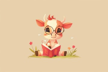 Cartoon cow reading a book