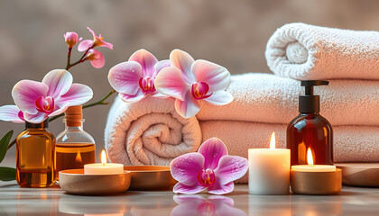 Aromatherapy, spa, beauty treatment and wellness background with massage oil, orchid flowers, towels, cosmetic products and burning candles isolated with white highlights, png