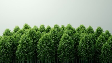 lush green forest of tall trees symbolizes reforestation efforts and eco conscious initiatives. dense foliage against soft sky background highlights nature beauty and environmental sustainability