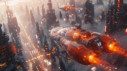 Futuristic Cityscape with Flying Vehicle