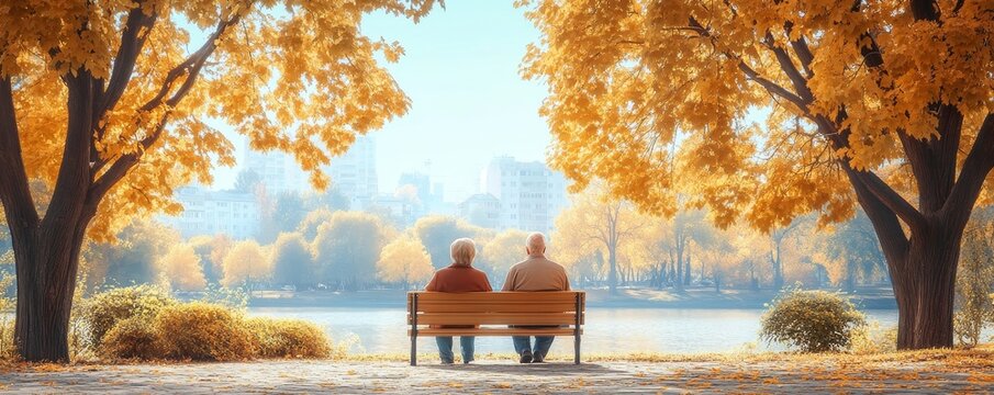 Elderly couple lifestyle concept. Husband and wife and sit walking in the park, Generative AI