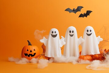 Smiling ghosts with pumpkins in a playful Halloween scene, AI generated illustration
