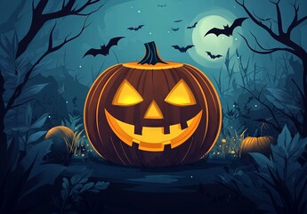 Spooky Halloween jack-o-lantern illustration with bats and ghostly glow, AI generated illustration