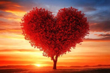 Tree of love in spring. Red heart shaped tree at sunset. Beautiful landscape with flowers.Love background with copy space.Valentine day card with generative ai