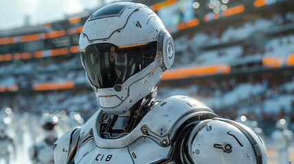 Fototapeta premium Futuristic Robot Soldier in a Crowded Stadium