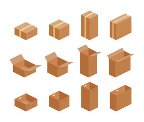 A set of 3D stereoscopic illustrations in square and rectangular shapes, including boxes, packages, parcels, gifts, and storage boxes.