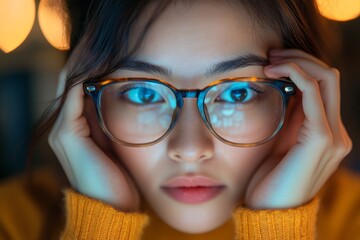 woman taking off glasses tired of computer work suffering from eye strain tension, Generative AI