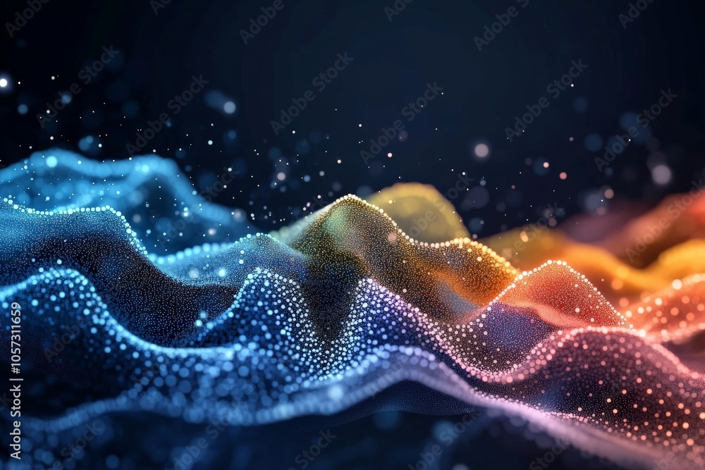 Aufkleber an abstract digital artwork displaying flowing waves of colorful dots, each forming a delicate netwo