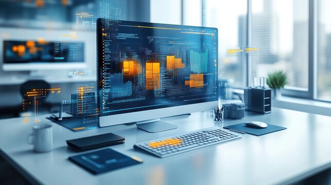 Modern workspace with computer displaying data analytics visuals.