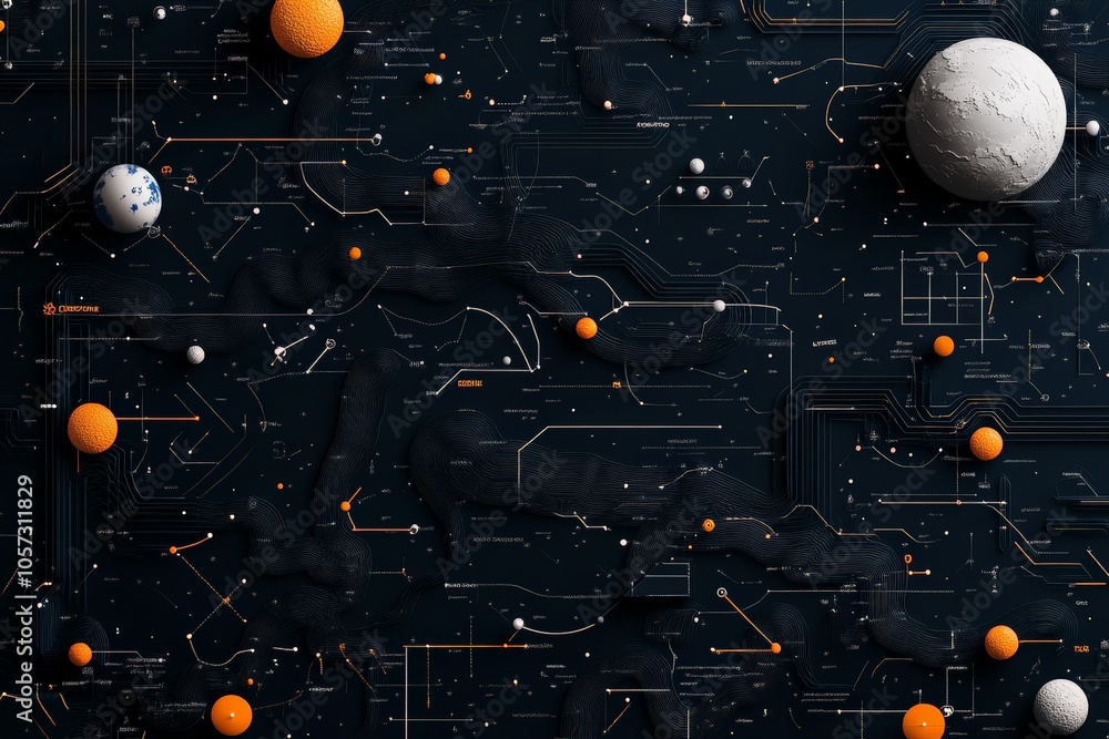 Poster A complex network of circuit paths with various sizes of glowing spheres, giving a sophisticated and technological appearance in this futuristic abstract artwork.