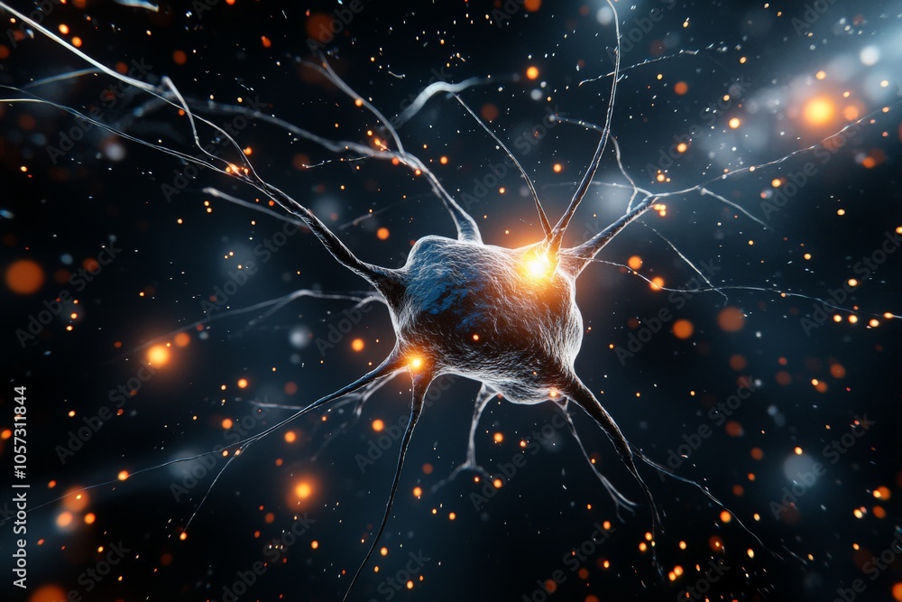 Poster a complex neural structure with bright orange synapses glowing throughout, illustrating a vivid repr