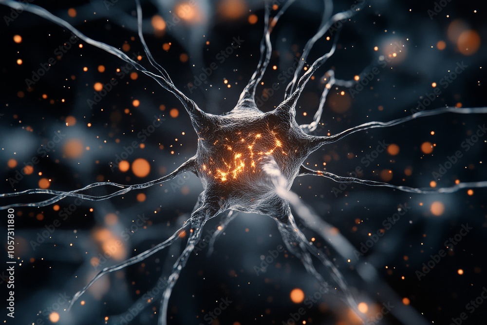 Poster a visually captivating illustration of a neural cell with illuminated orange synapses, symbolizing t