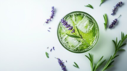 Obraz premium Vibrant herbal drink in a delicate glass, levitating with a sprig of lavender,