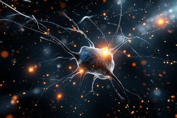 A complex neural structure with bright orange synapses glowing throughout, illustrating a vivid representation of brain connectivity and neural impulses.