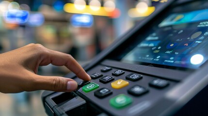 Hand pressing voting ballot button on electronic voting machine in modern polling station, highlighting democratic process and civic duty.