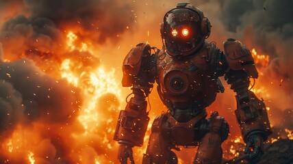 Futuristic Robot in a Fiery Apocalypse
