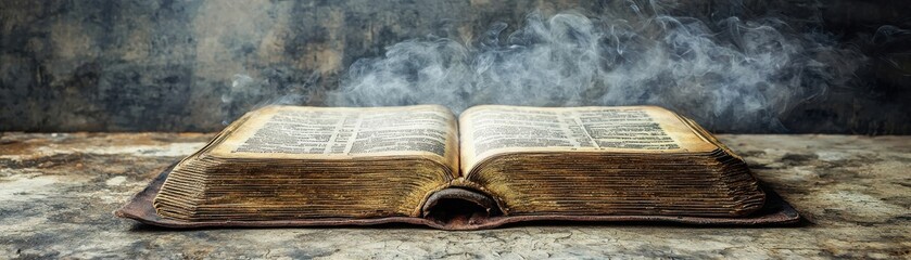 An open ancient book rests on a rustic surface, surrounded by mystical smoke, evoking a sense of mystery and historical significance.
