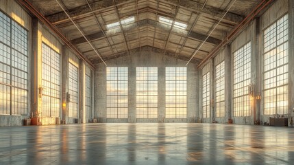 Spacious industrial interior with large windows and natural light.