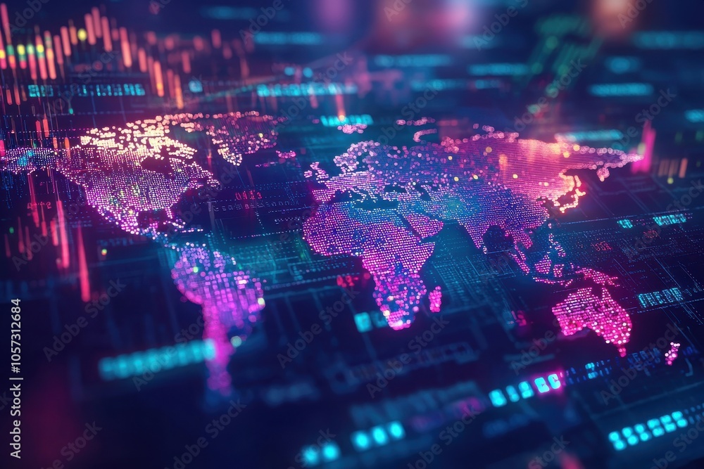 Poster vibrant digital world map with colorful data visualization, representing global connectivity, techno