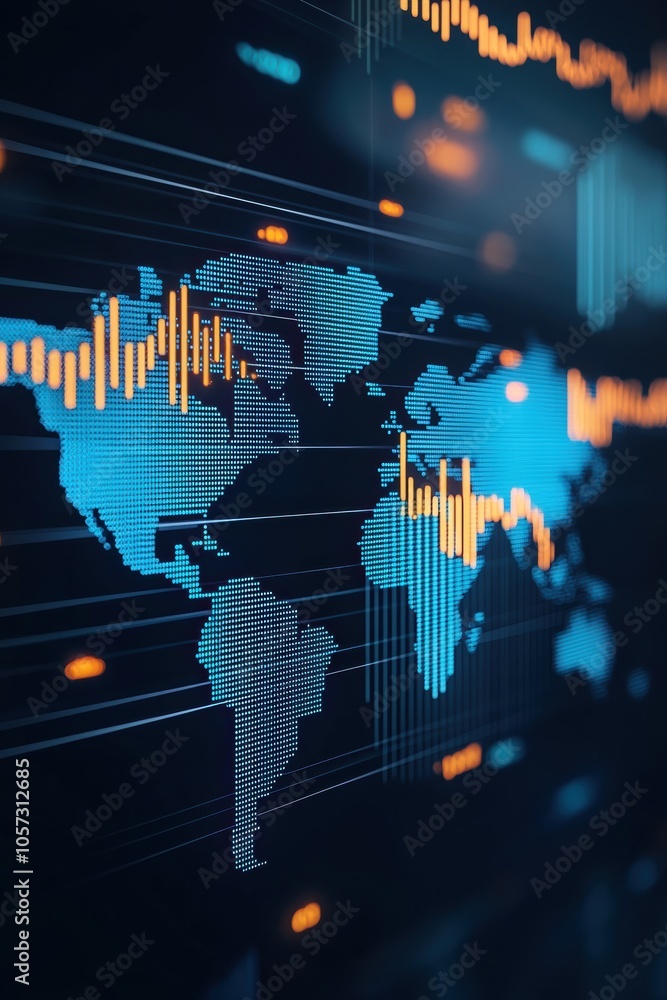 Poster stylish digital world map with vibrant charts and graphs representing global data visualization and 