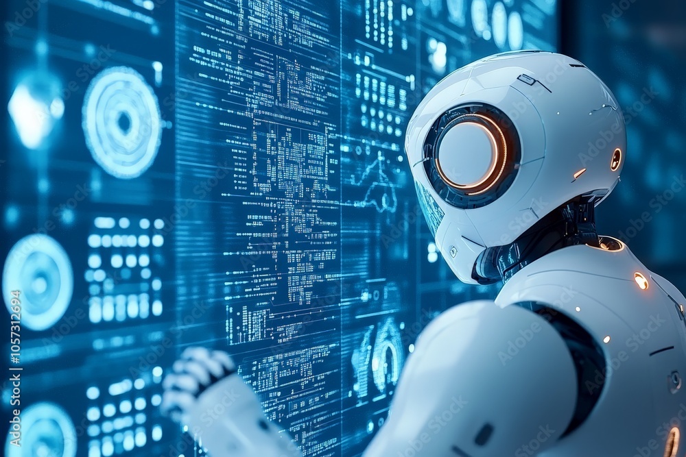 Poster a futuristic humanoid robot actively engaging with digital data displayed on a transparent screen, s