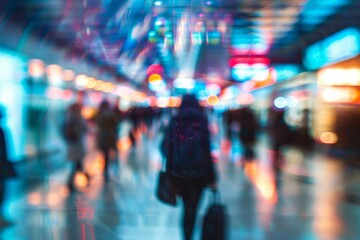 Blur view with passengers walking in big airport terminal interior. Neural network ai generated art