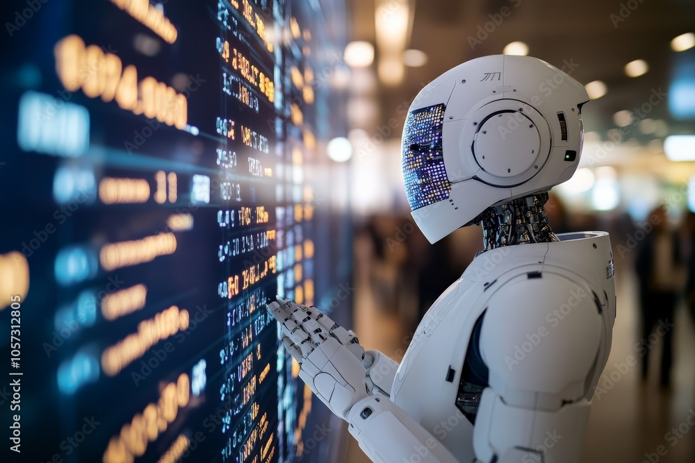 Poster a robot focuses on a digital display filled with data and analytics, representing the merging of art